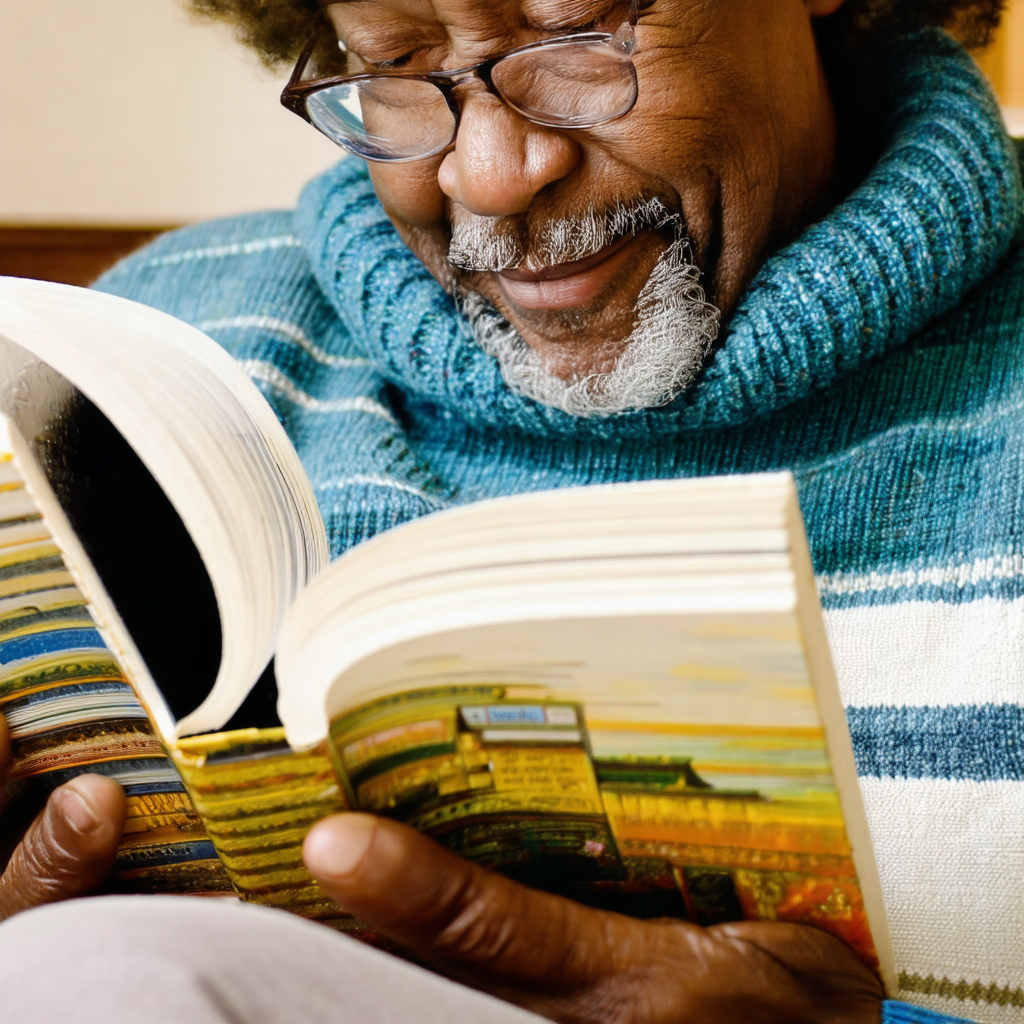 Older man wearing glasses, sitting down and reading a book