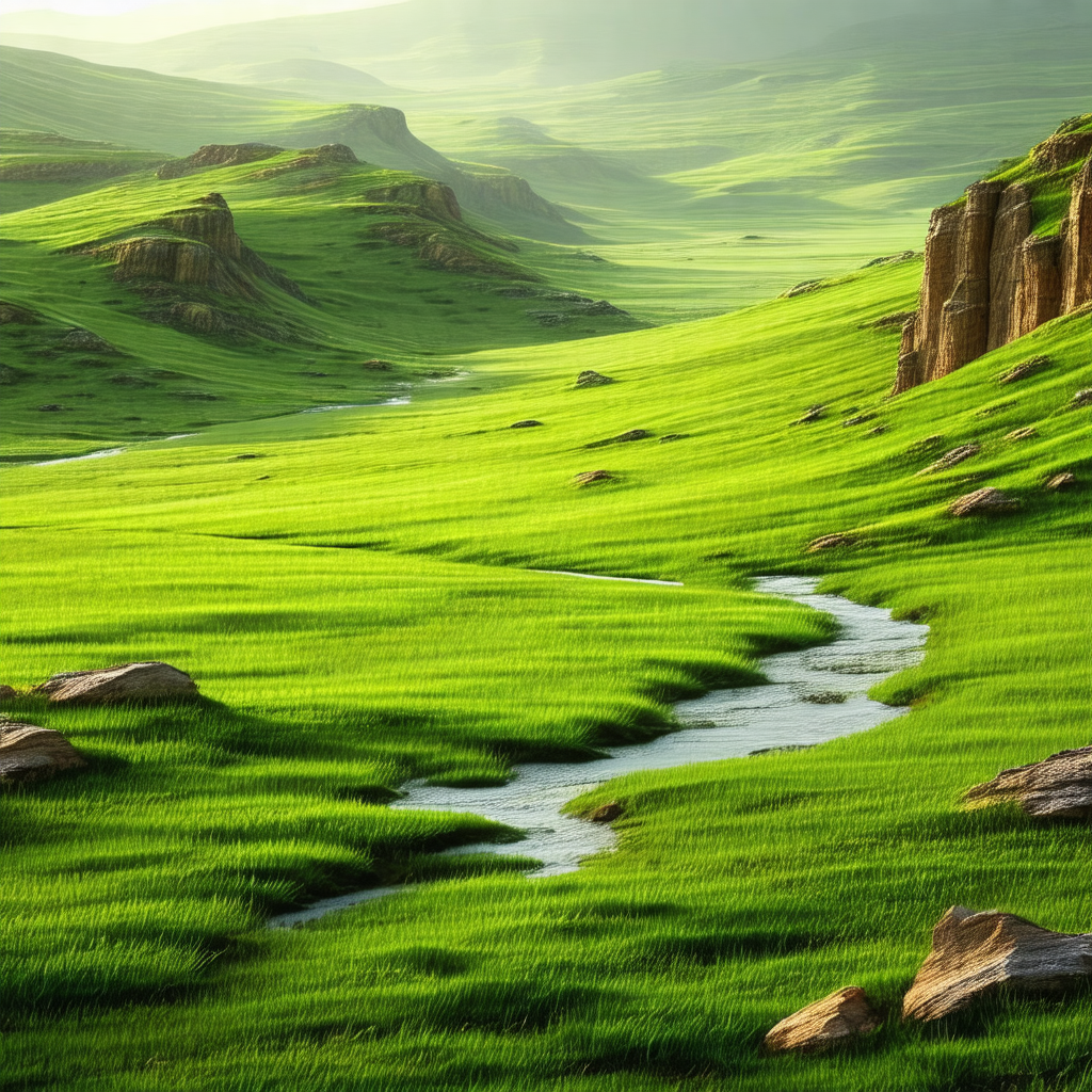 Lush green valley with a small stream running through it
