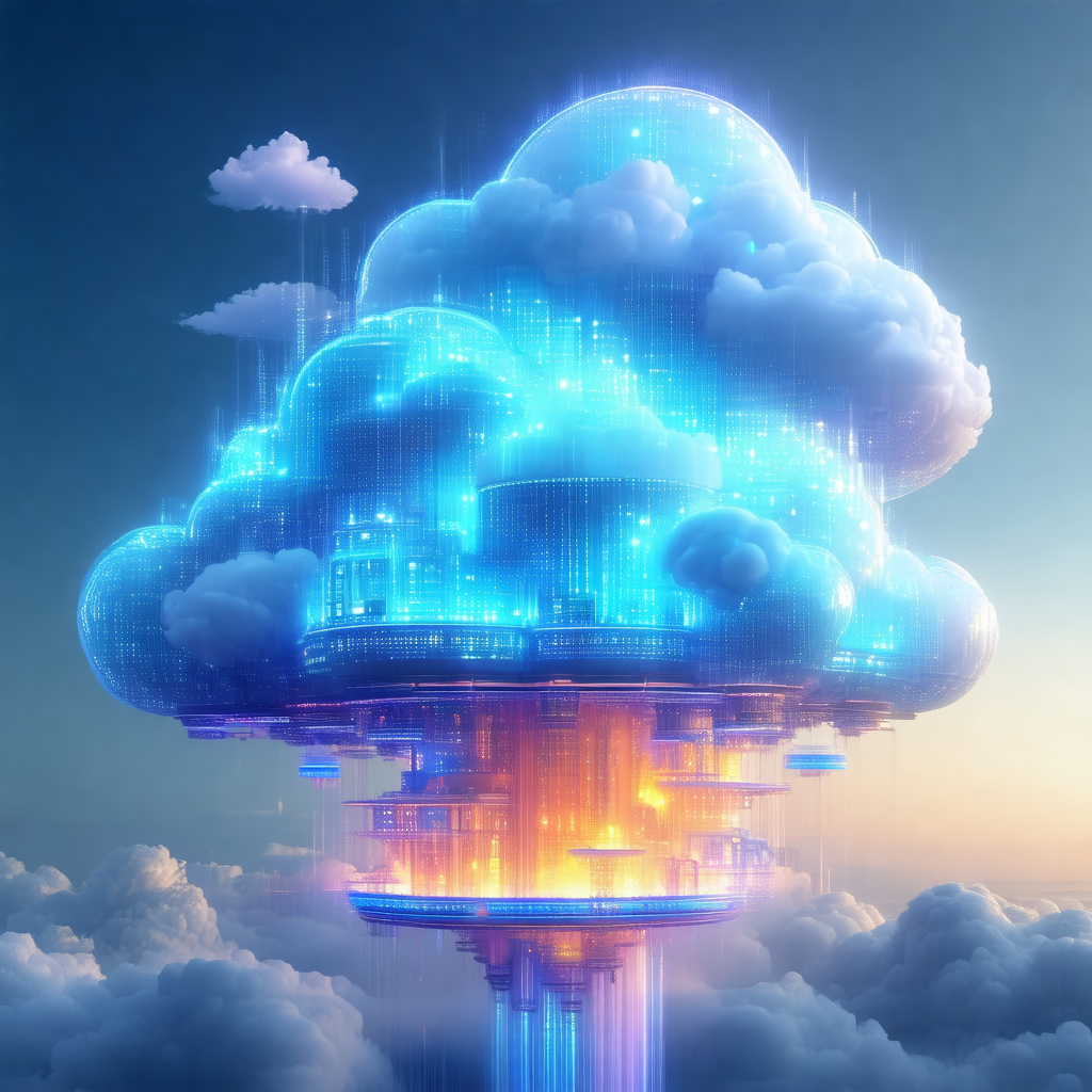 Futuristic city with a large, blue, cloud-like structure ...