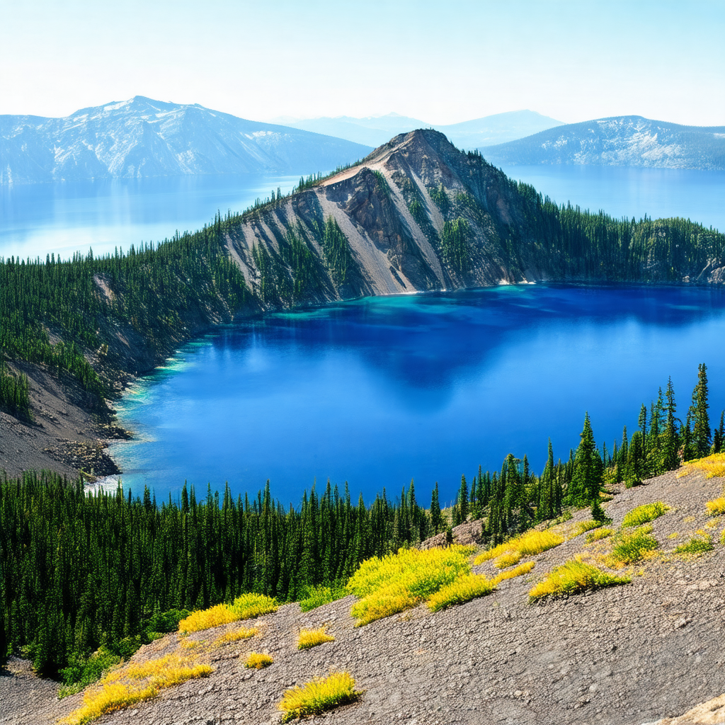 Beautiful blue lake surrounded by lush green trees