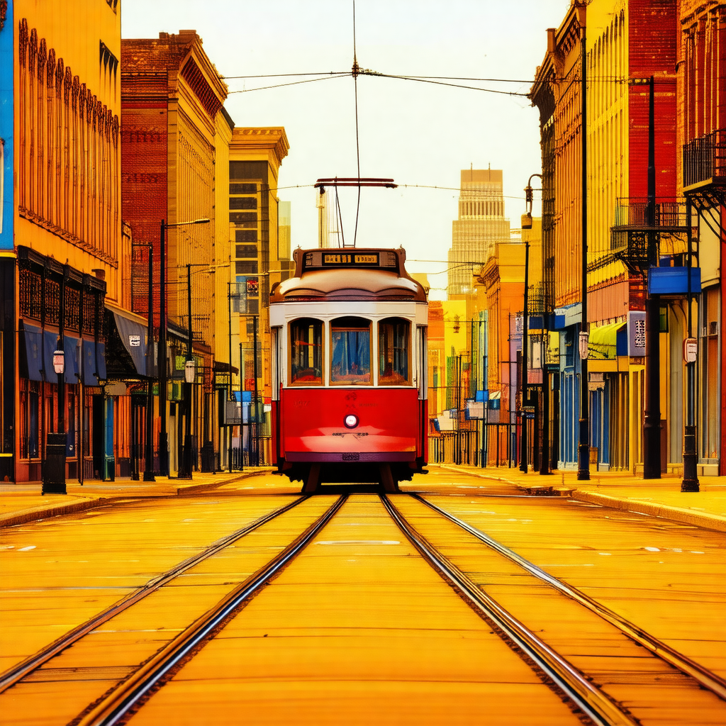 Red trolley car traveling down a street in a city