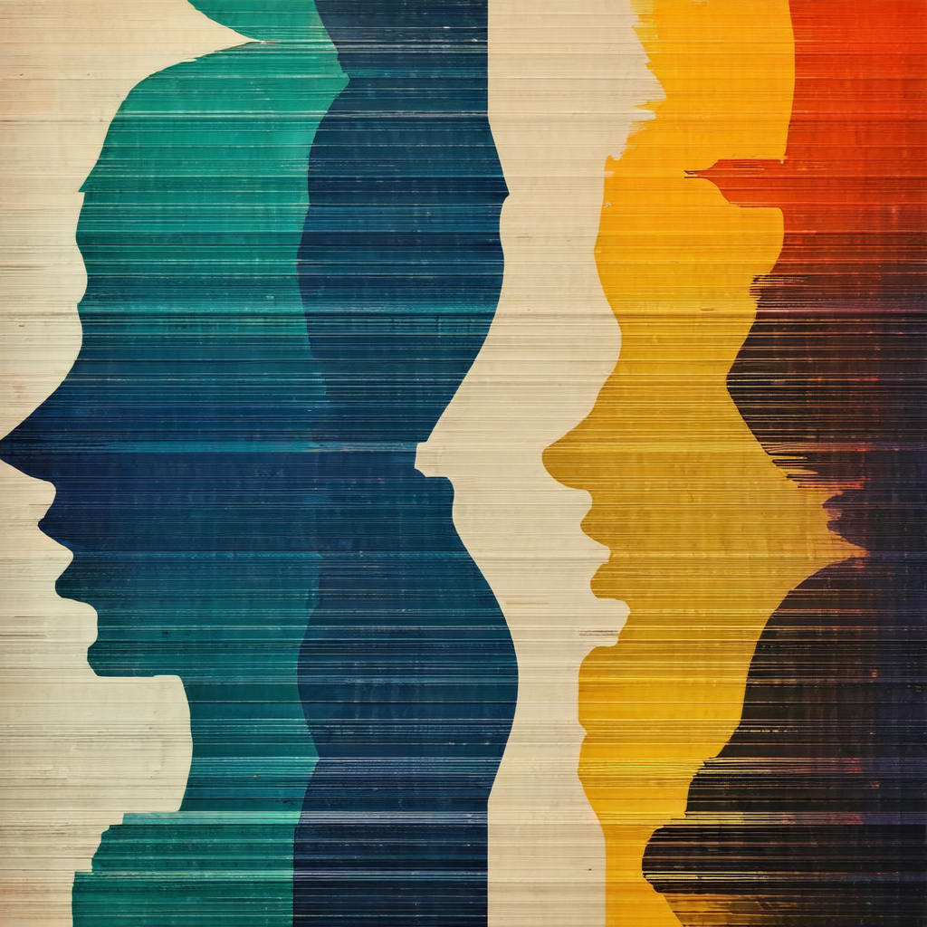 Painting of three faces, each with a different color
