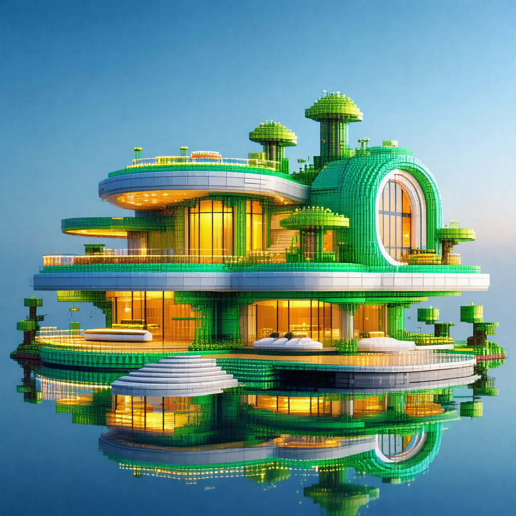 Large, green, and white house floating on a body of water