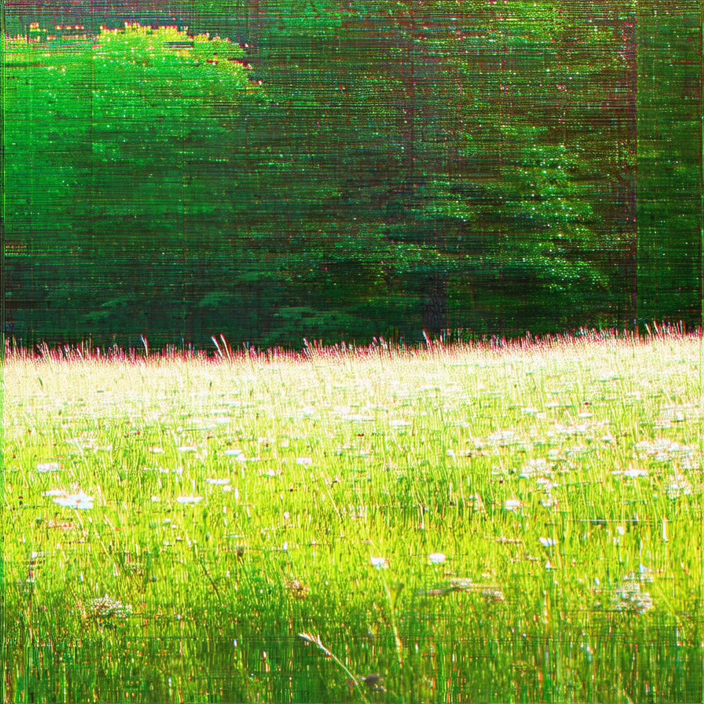 Lush green field with a tree in the background