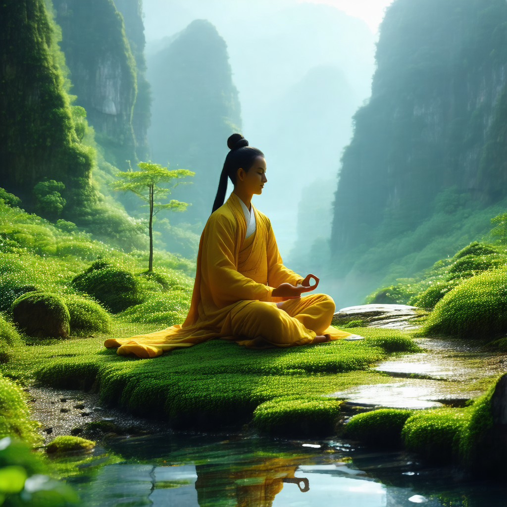 Woman sitting on a rock in a serene, natural setting