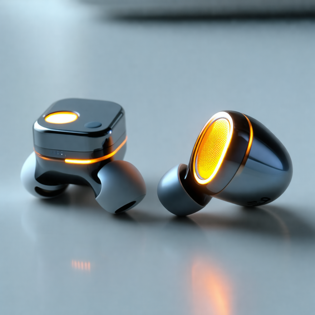 Pair of earphones with a bright orange glow