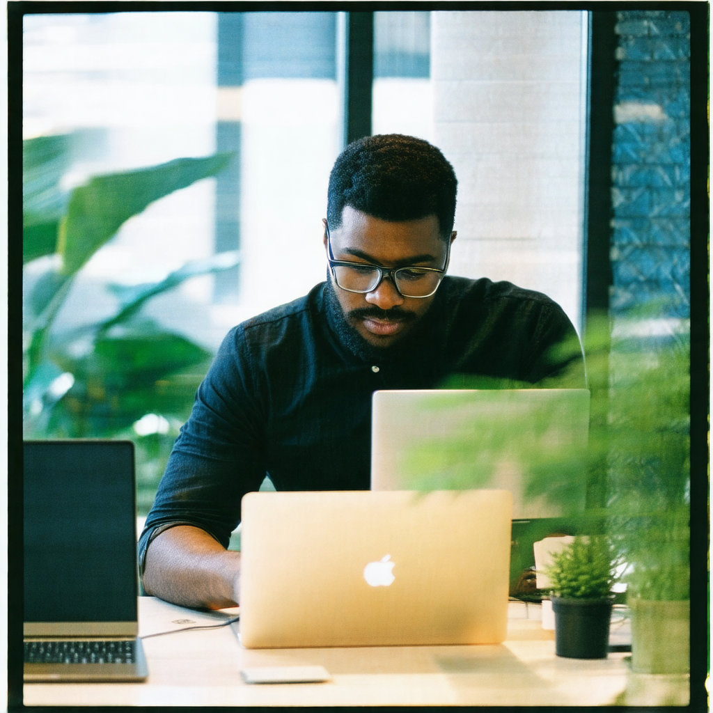 Man sitting at a desk, working on his laptop