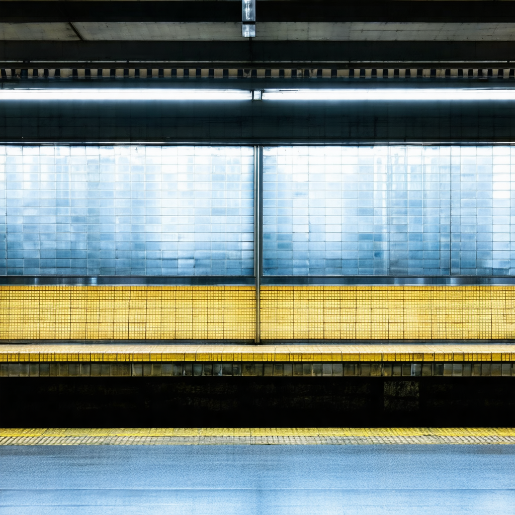 Subway train station with a yellow and black tiled platform