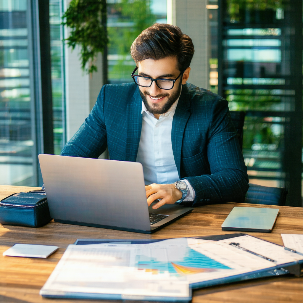 Man wearing glasses, sitting at a desk and working on a l...