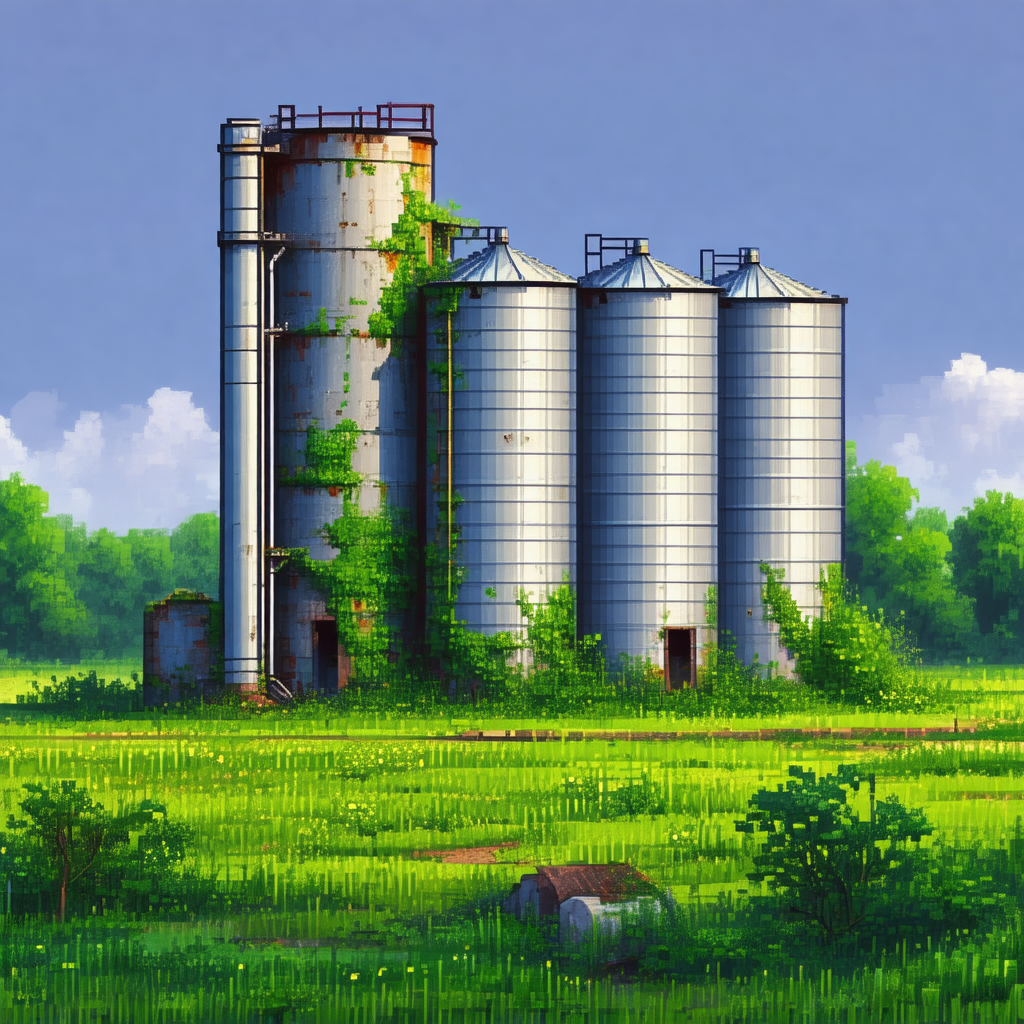Large, old, and rusty silo with a green roof, situated in...