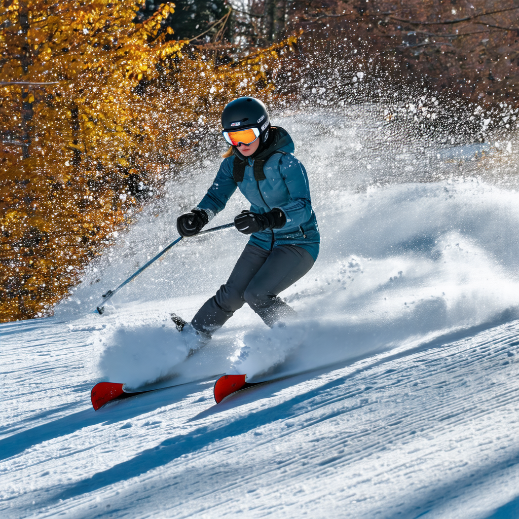 Captures a woman skiing down a snow-covered slope