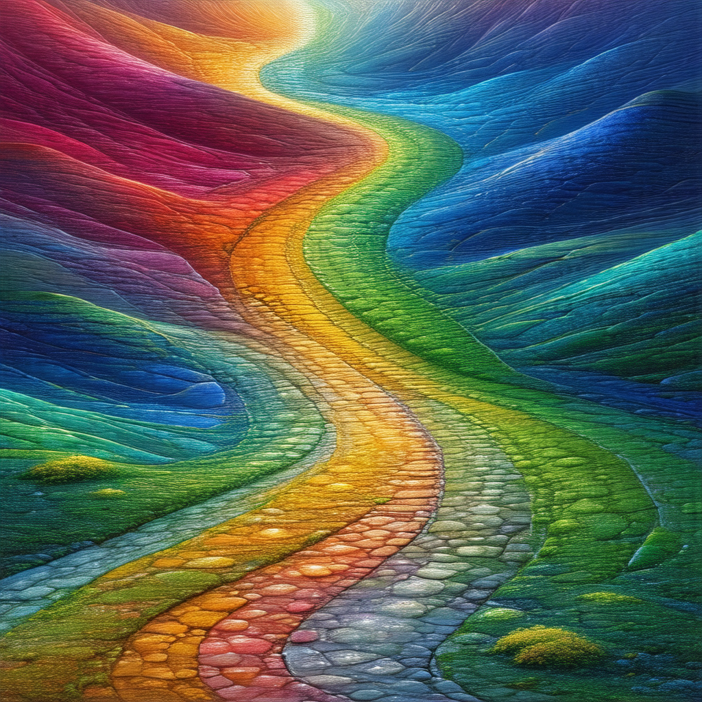 Painting of a rainbow-colored road, with a variety of col...