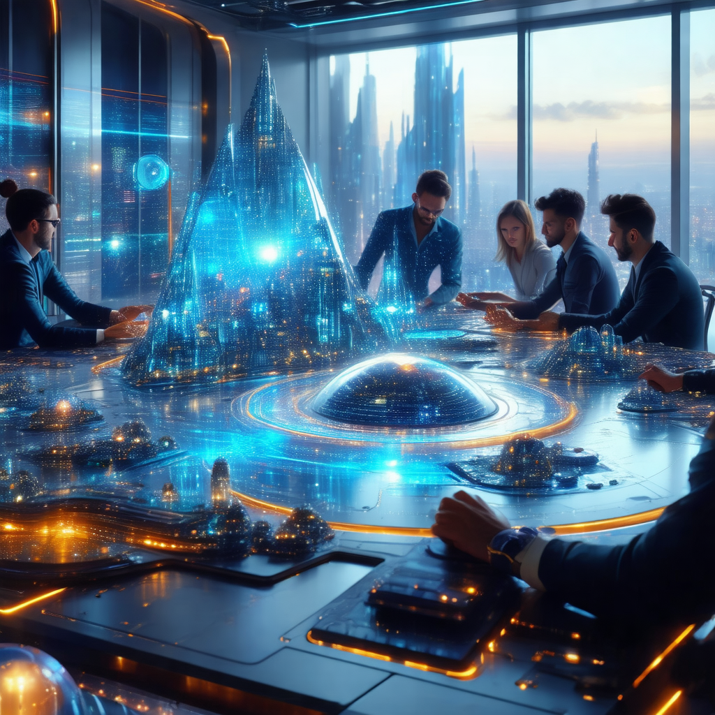 Group of people sitting around a large, futuristic table