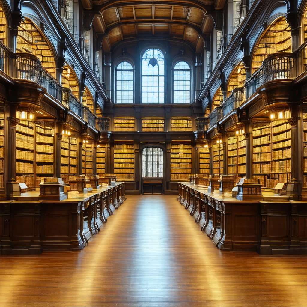 Large, ornate library filled with numerous wooden tables ...