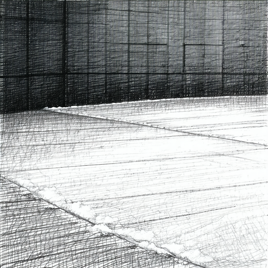 Black and white drawing of a tennis court