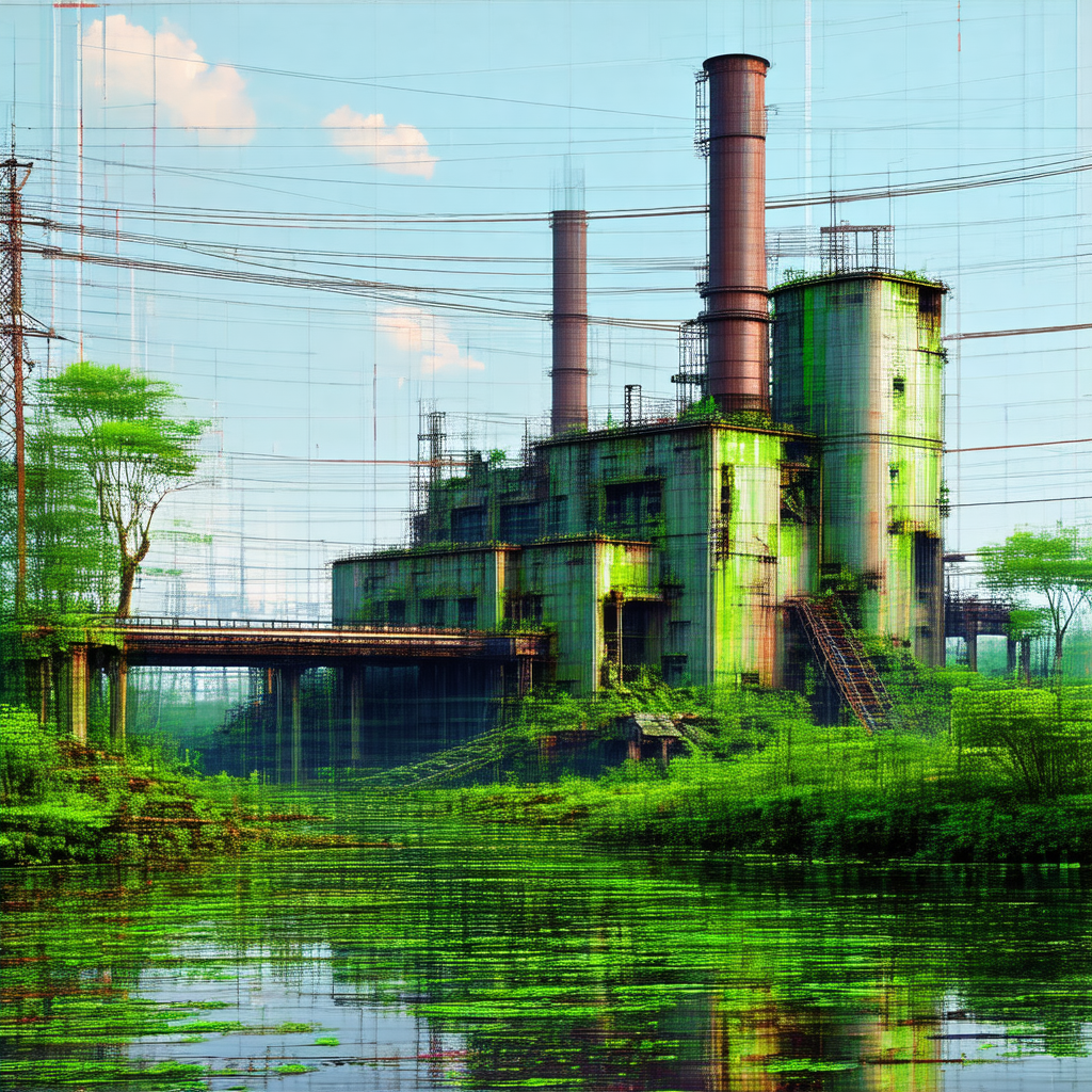 Painting of a large industrial building situated next to ...