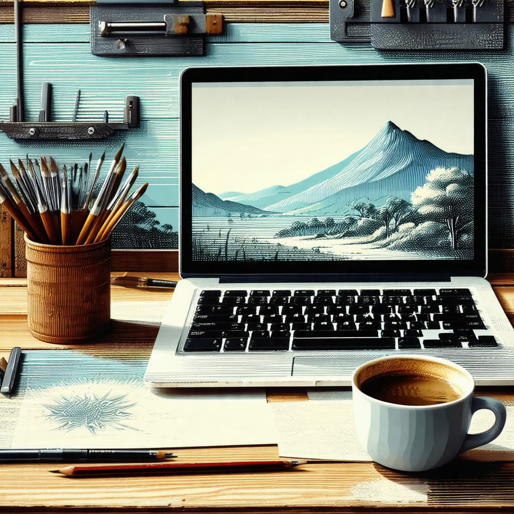 Wooden desk with a laptop computer sitting on top of it