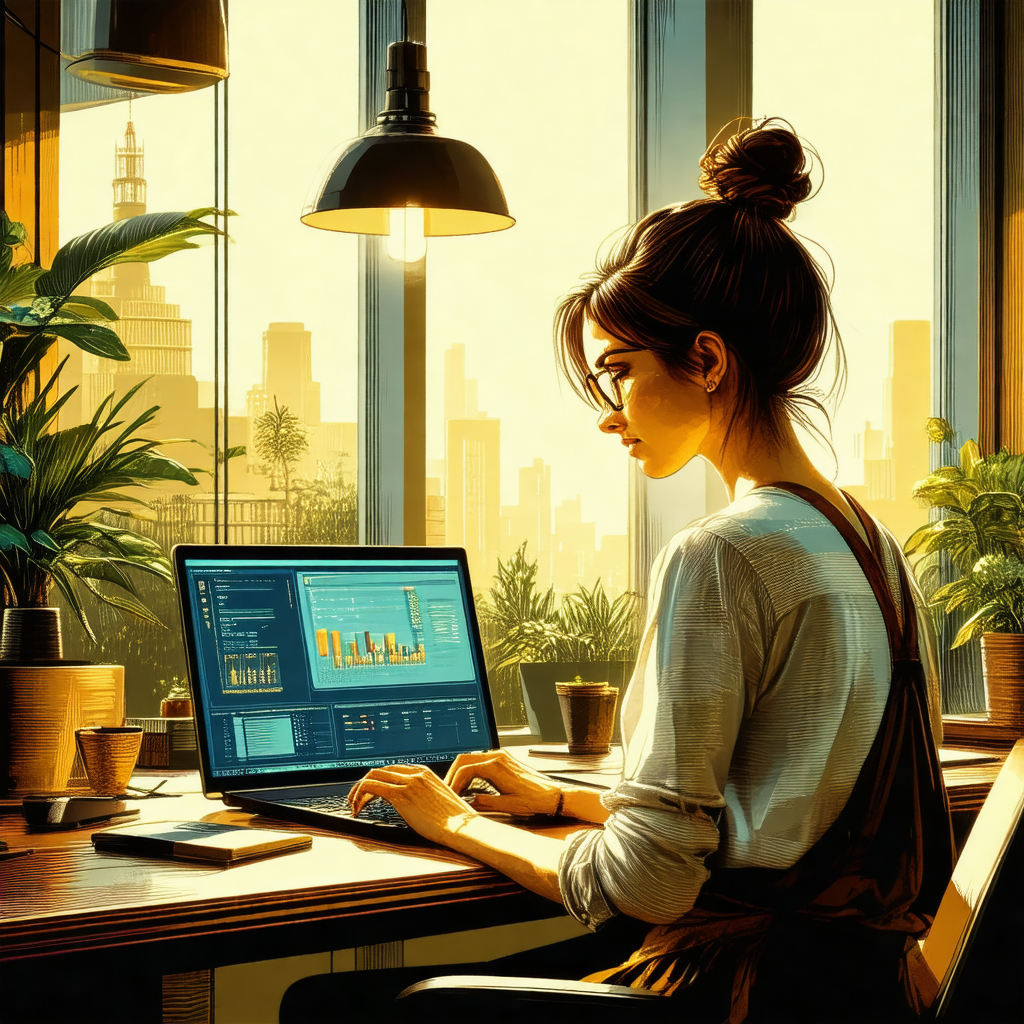 Woman sitting at a desk, working on her laptop