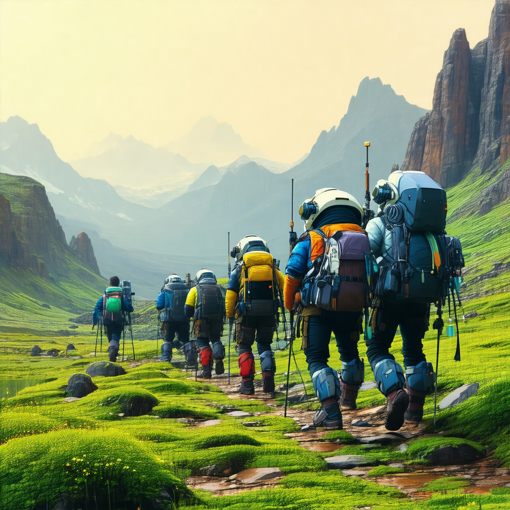 Painting of a group of people walking up a mountain