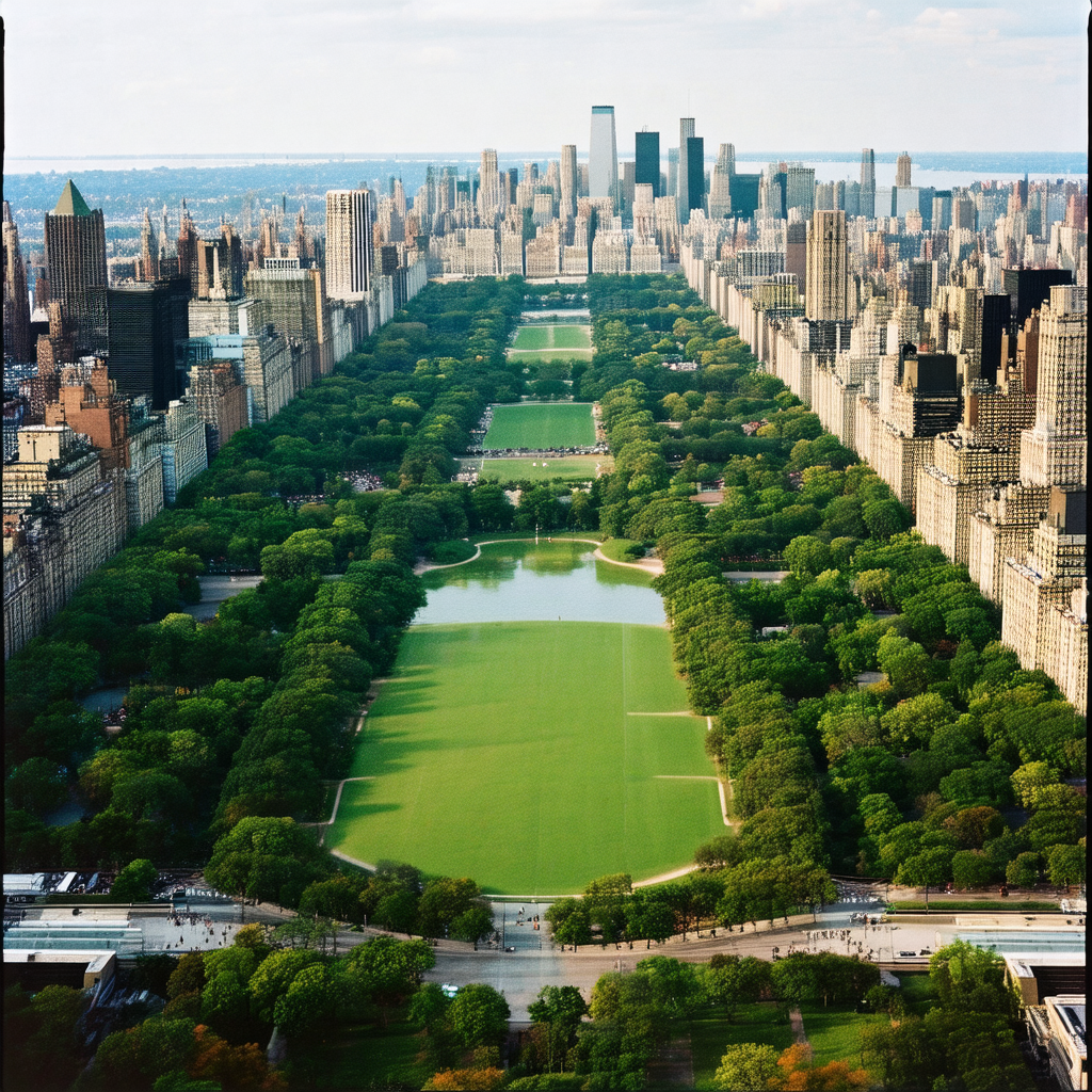 Panoramic view of a large city, showcasing a park in the ...