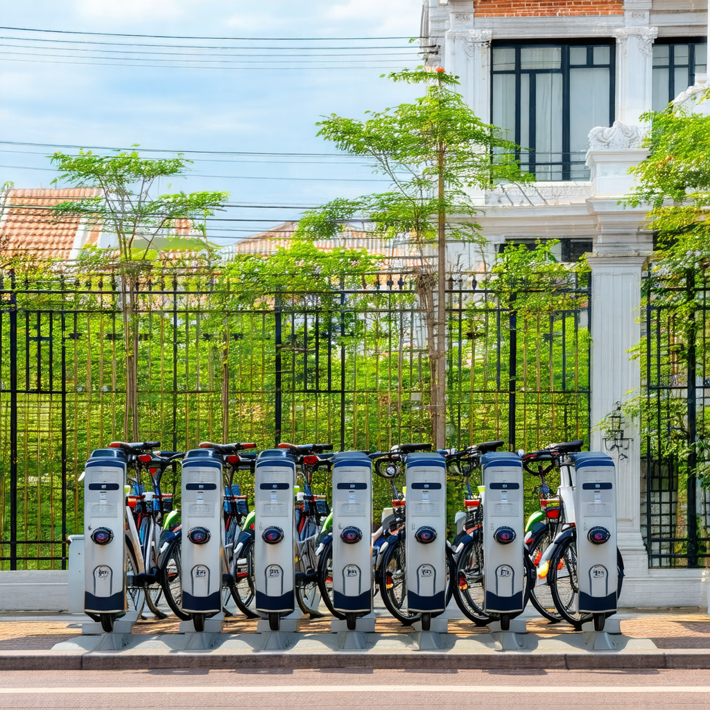 Row of electric bikes parked next to a building