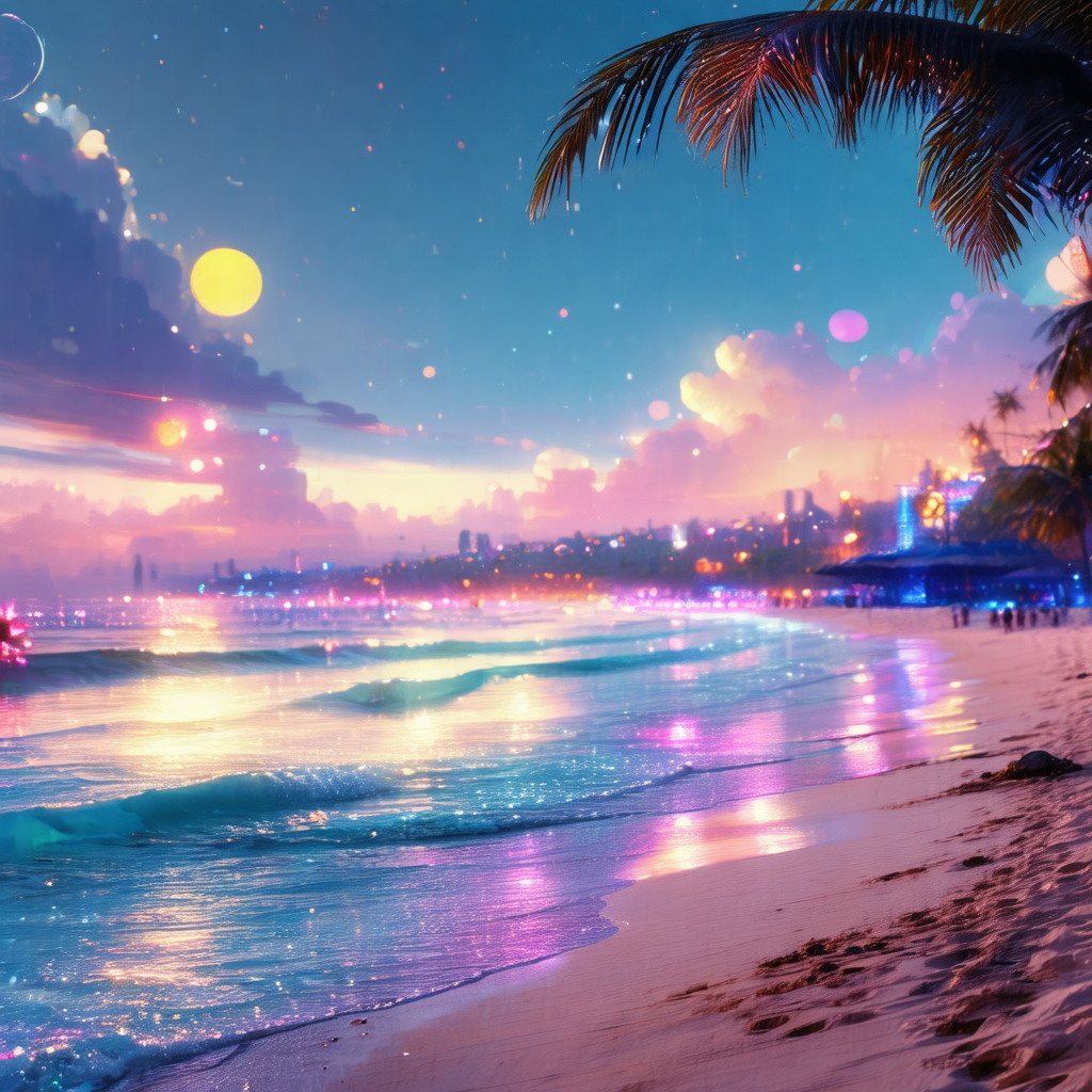 Beautifully drawn, colorful painting of a beach at sunset