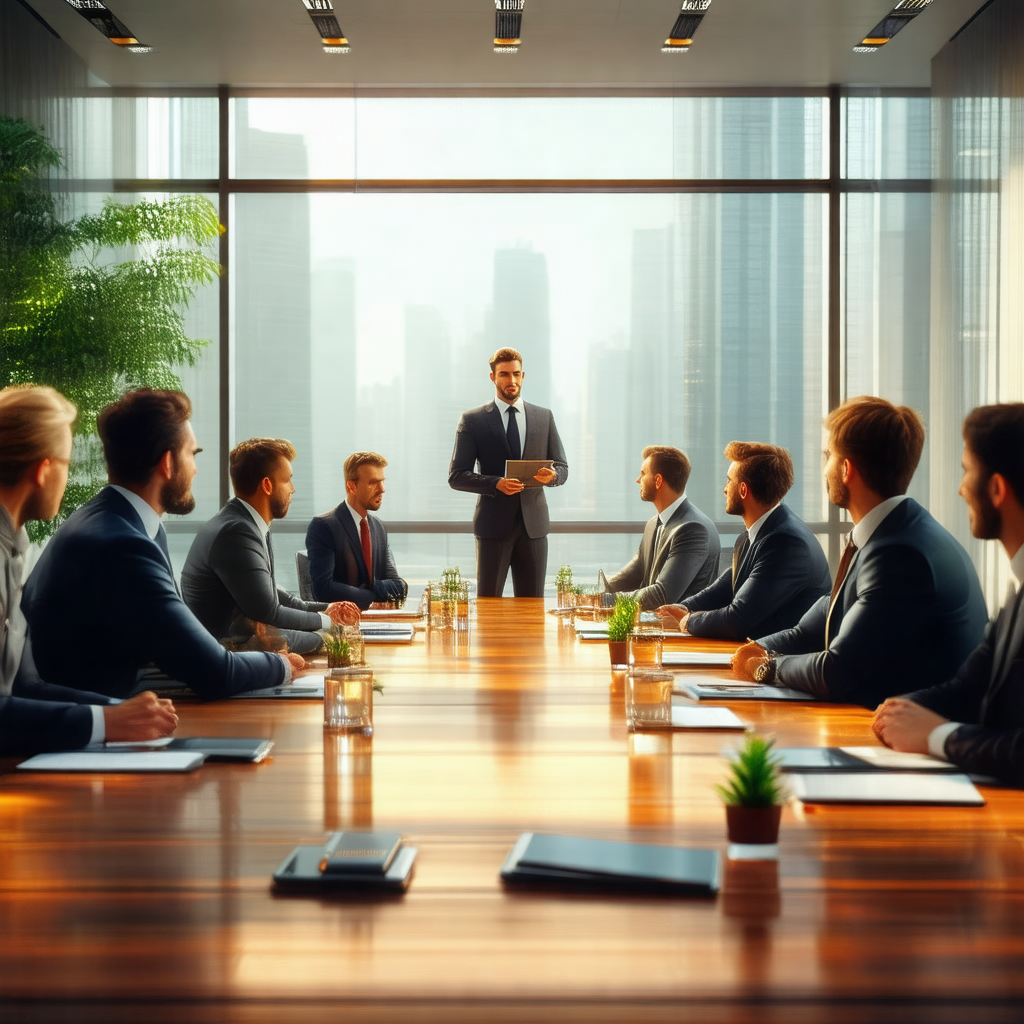Group of businessmen gathered around a large wooden table...