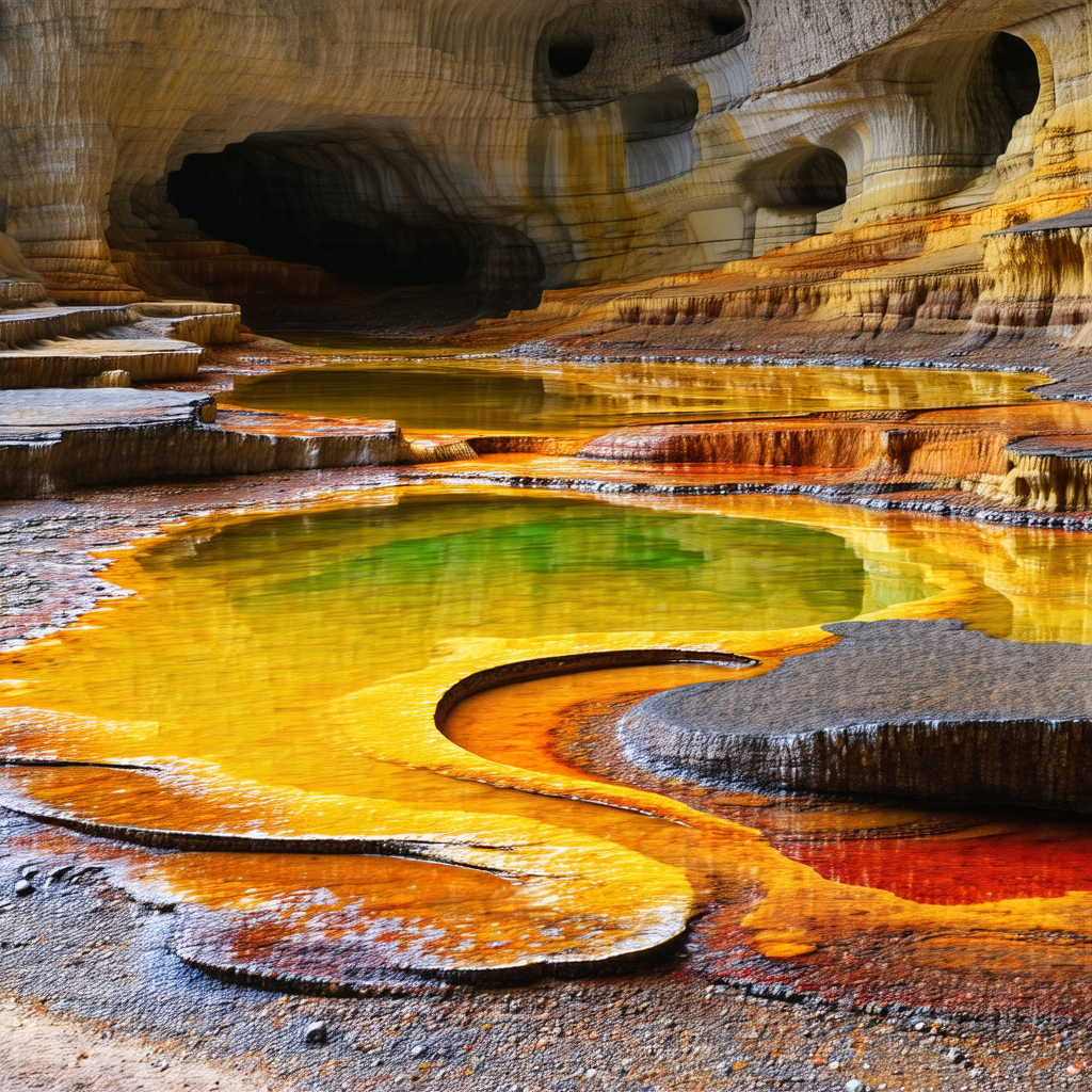 Beautiful, colorful waterfall with a vibrant yellow, gree...