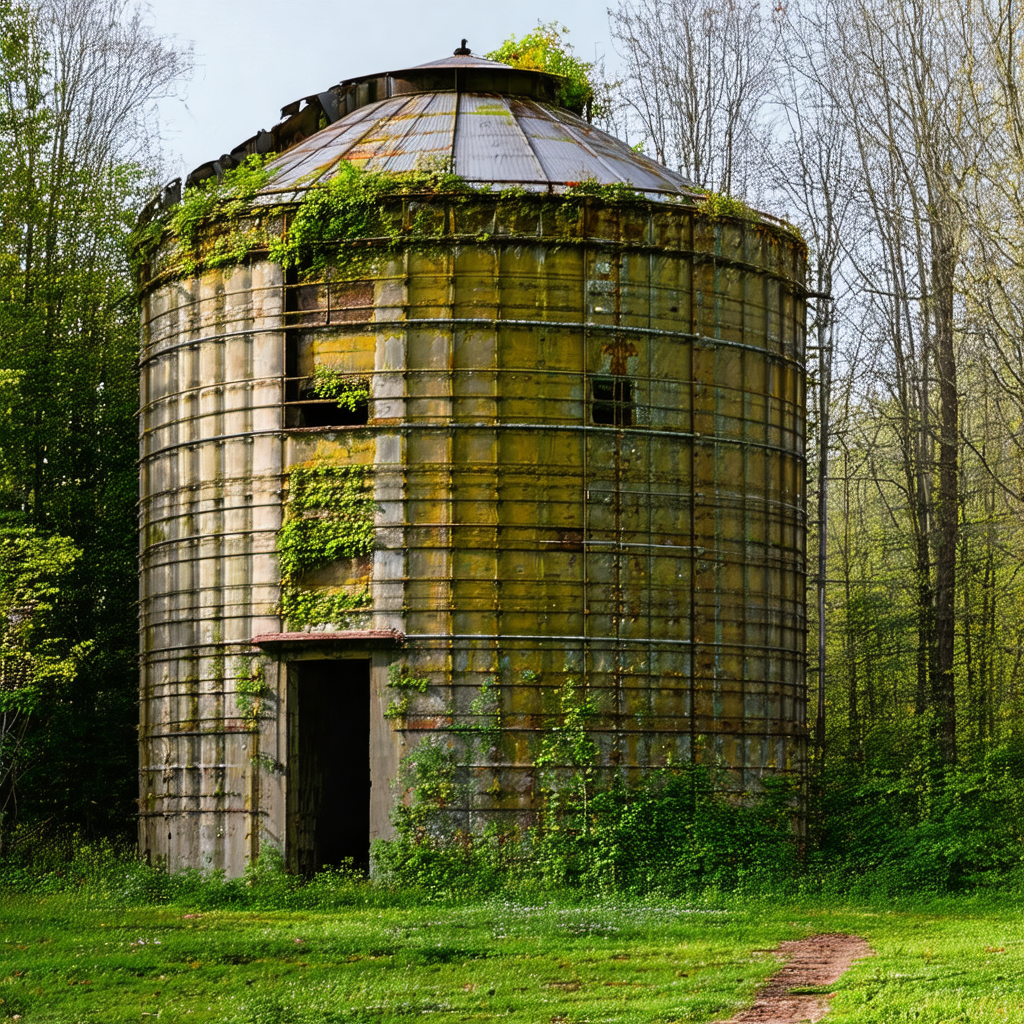 Large, old, and rusty silo with a green roof