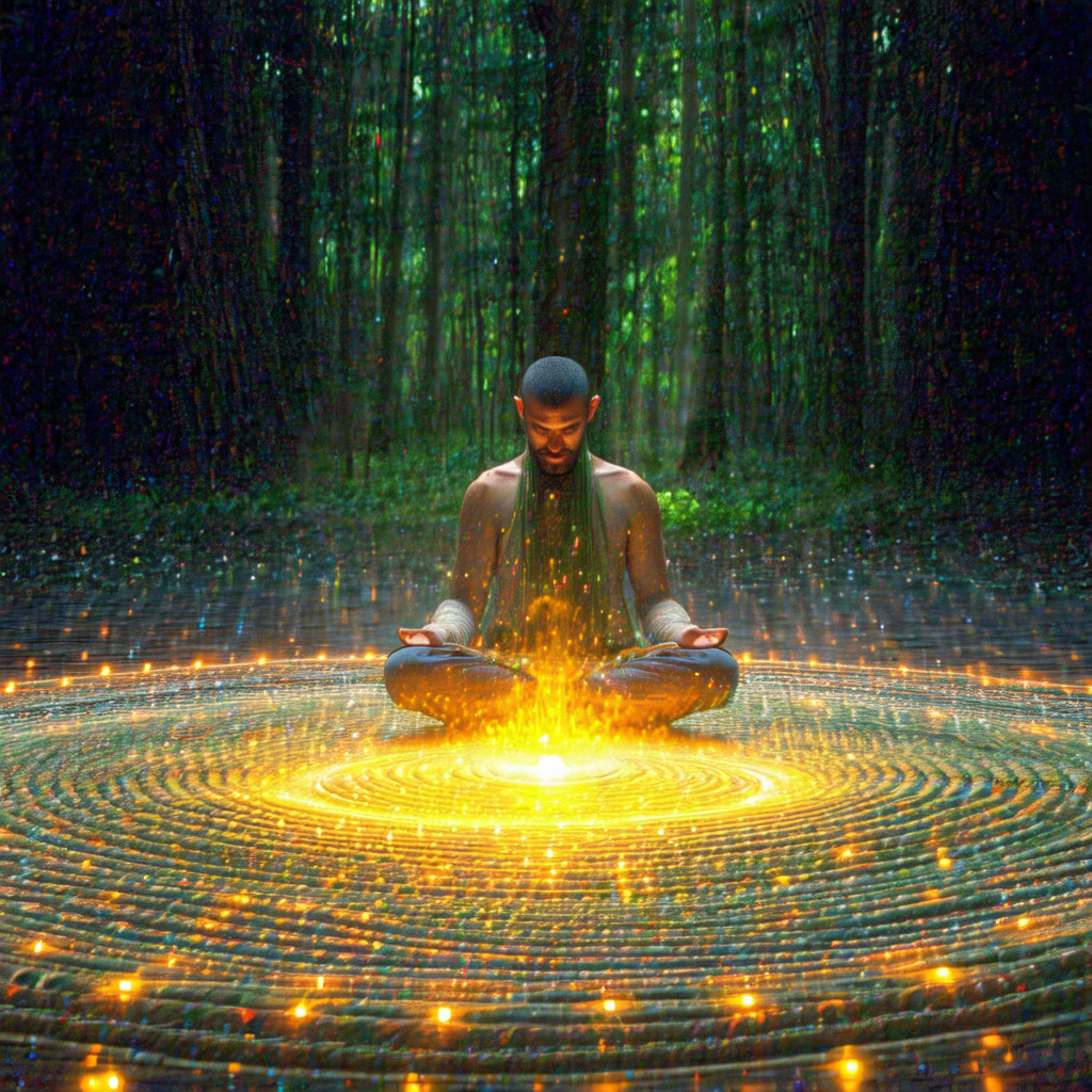 Man sitting in a circle of light, surrounded by a forest