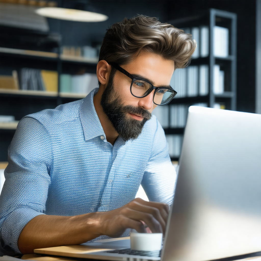 Man wearing glasses, sitting at a desk and working on a l...