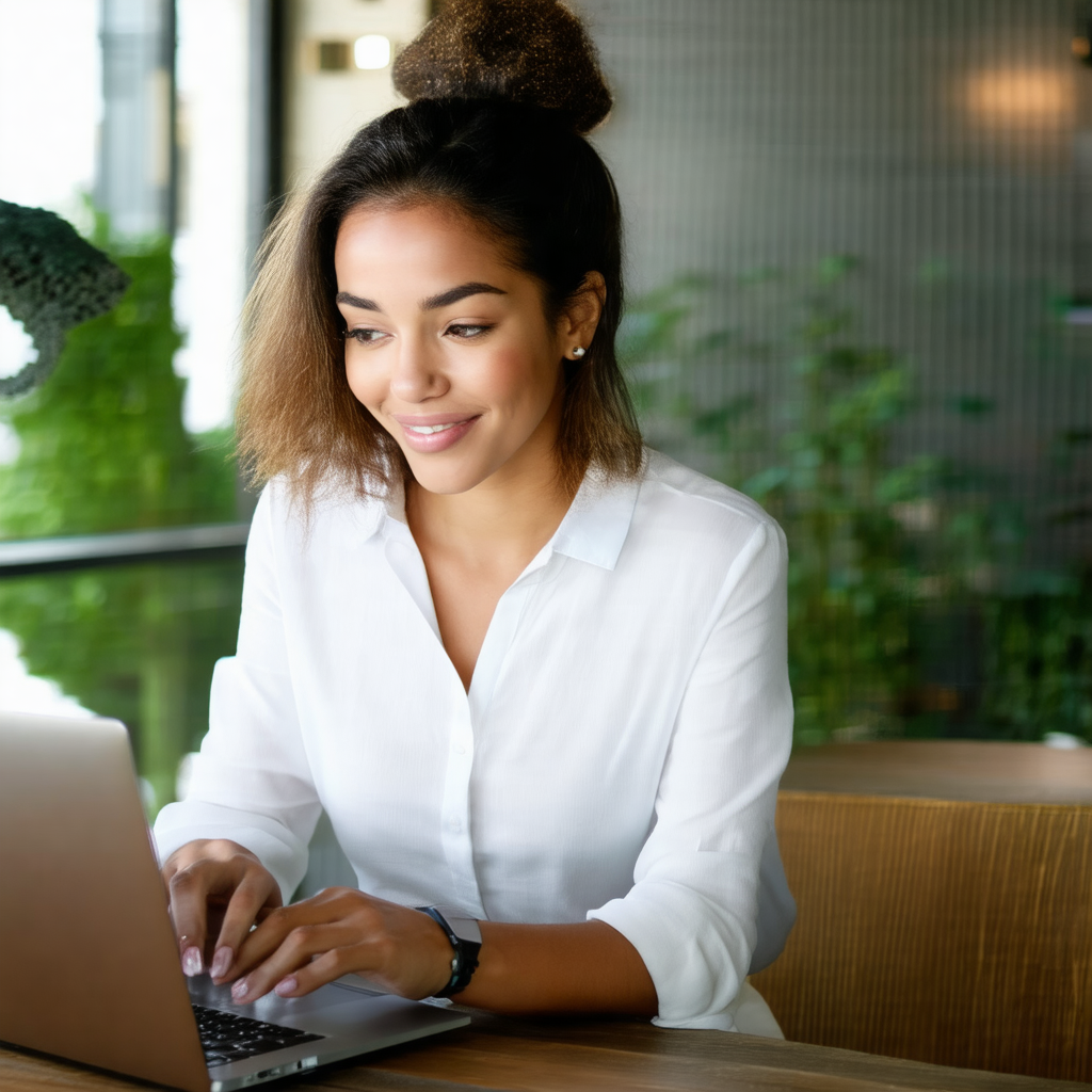 Woman sitting at a dining table, working on a laptop comp...