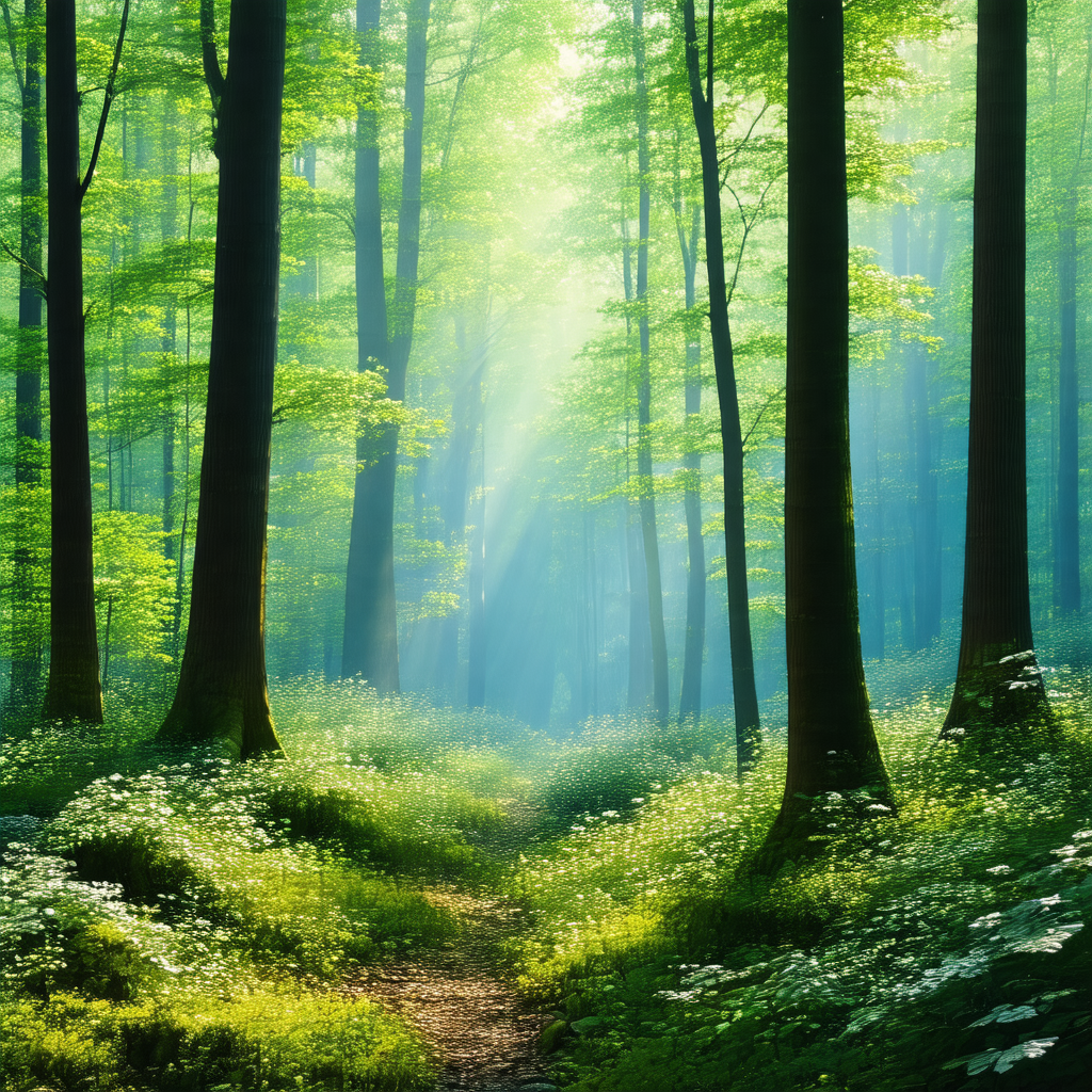 Serene forest scene with a pathway leading through the woods