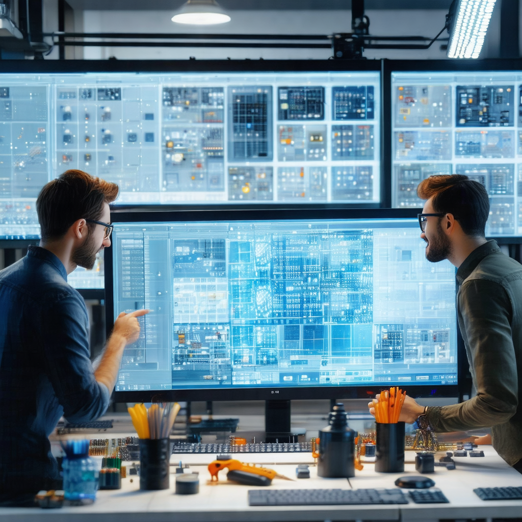 Two men standing in front of a large computer screen, eng...