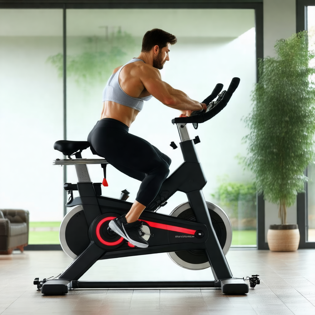 Man sitting on a stationary bike in a living room