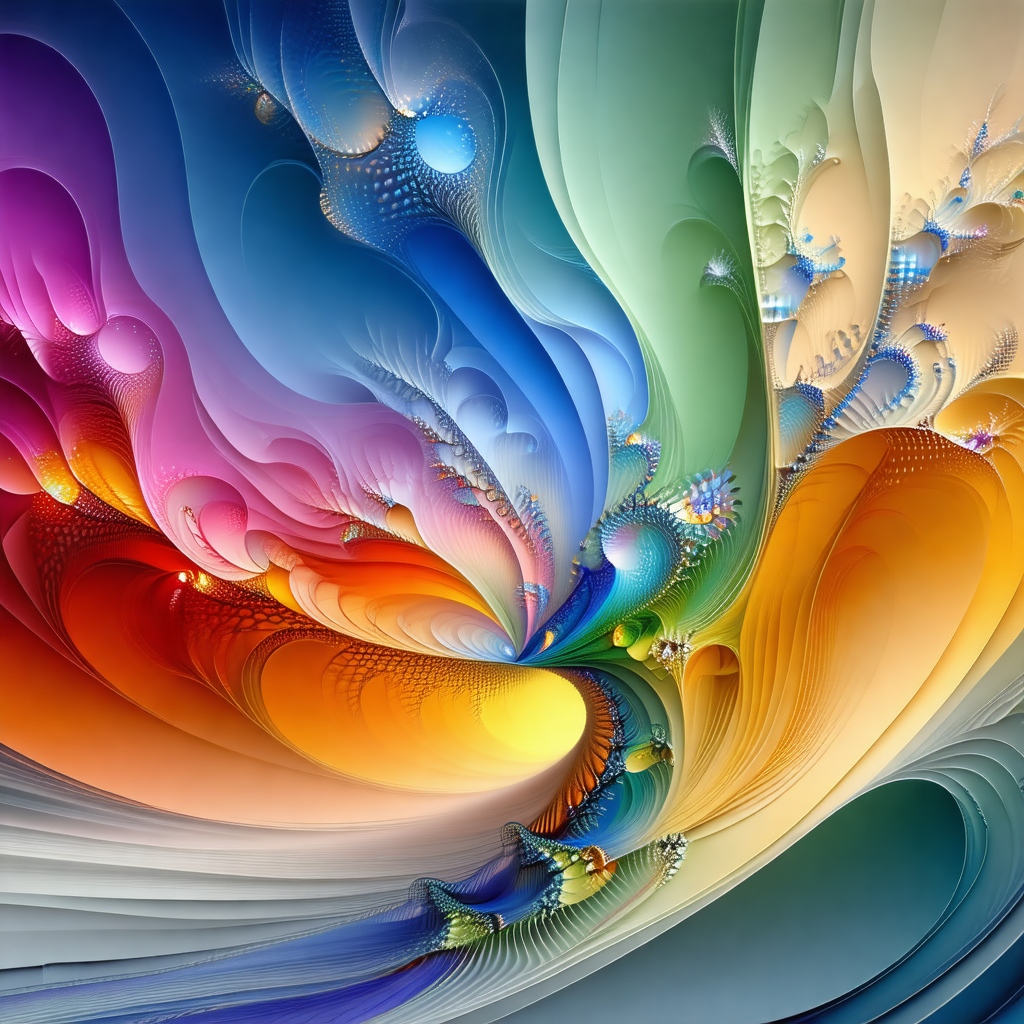 Colorful and intricate digital artwork featuring a variet...