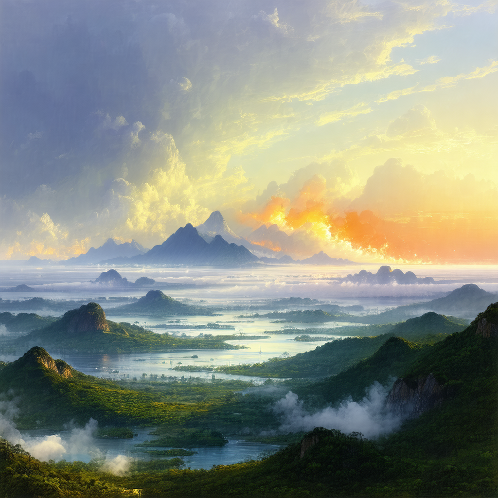 Beautiful landscape with a large body of water surrounded...