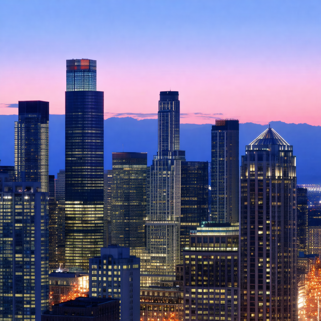 Nighttime view of a large city, with a skyline filled wit...