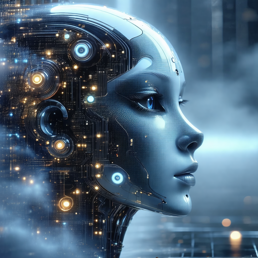 Futuristic robotic face with a blue eye, surrounded by a ...