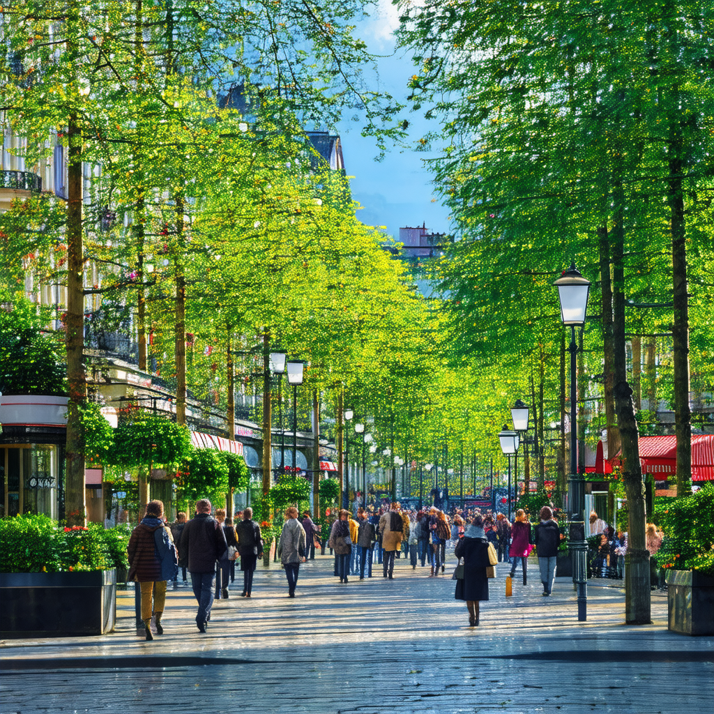 Bustling city street filled with people walking and enjoy...