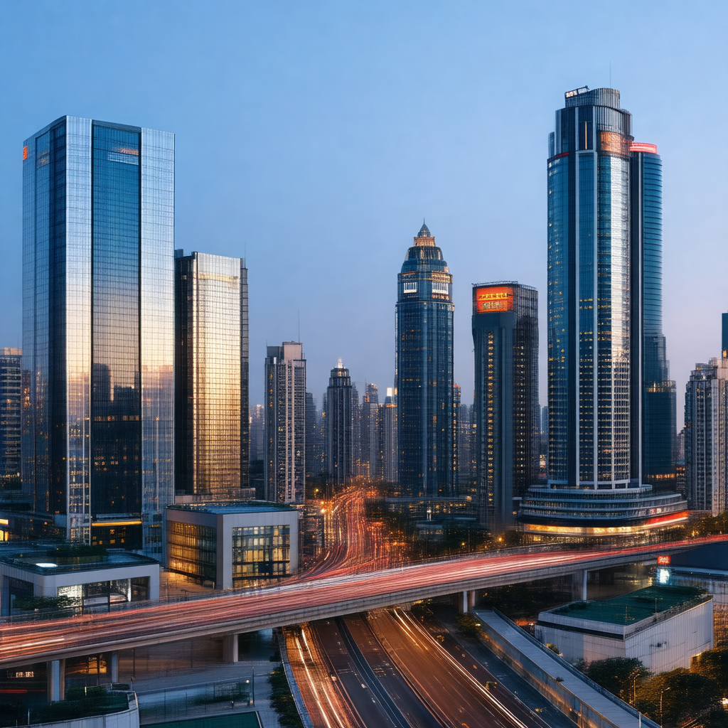 Nighttime view of a city with tall buildings and a busy h...