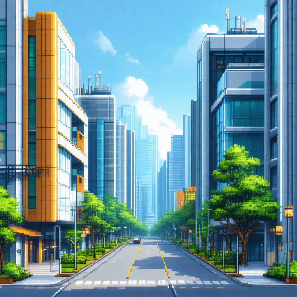 Cartoon-like drawing of a city street with tall buildings...