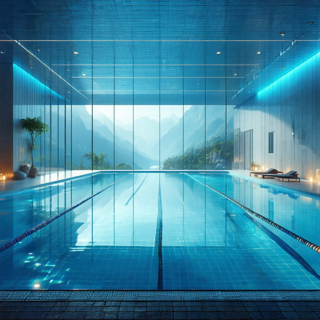 Large, blue swimming pool with a clear blue water surface