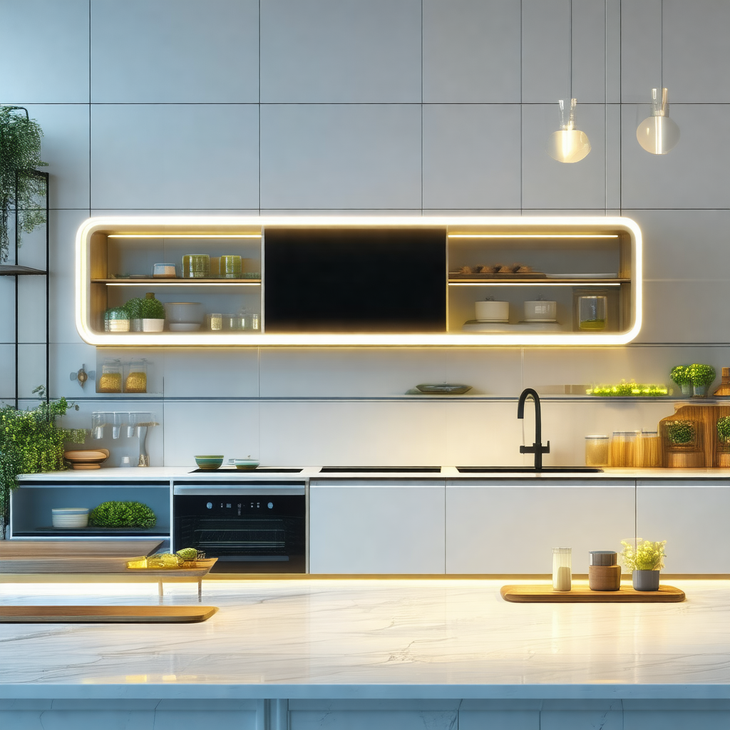 Modern kitchen with a large, clean countertop