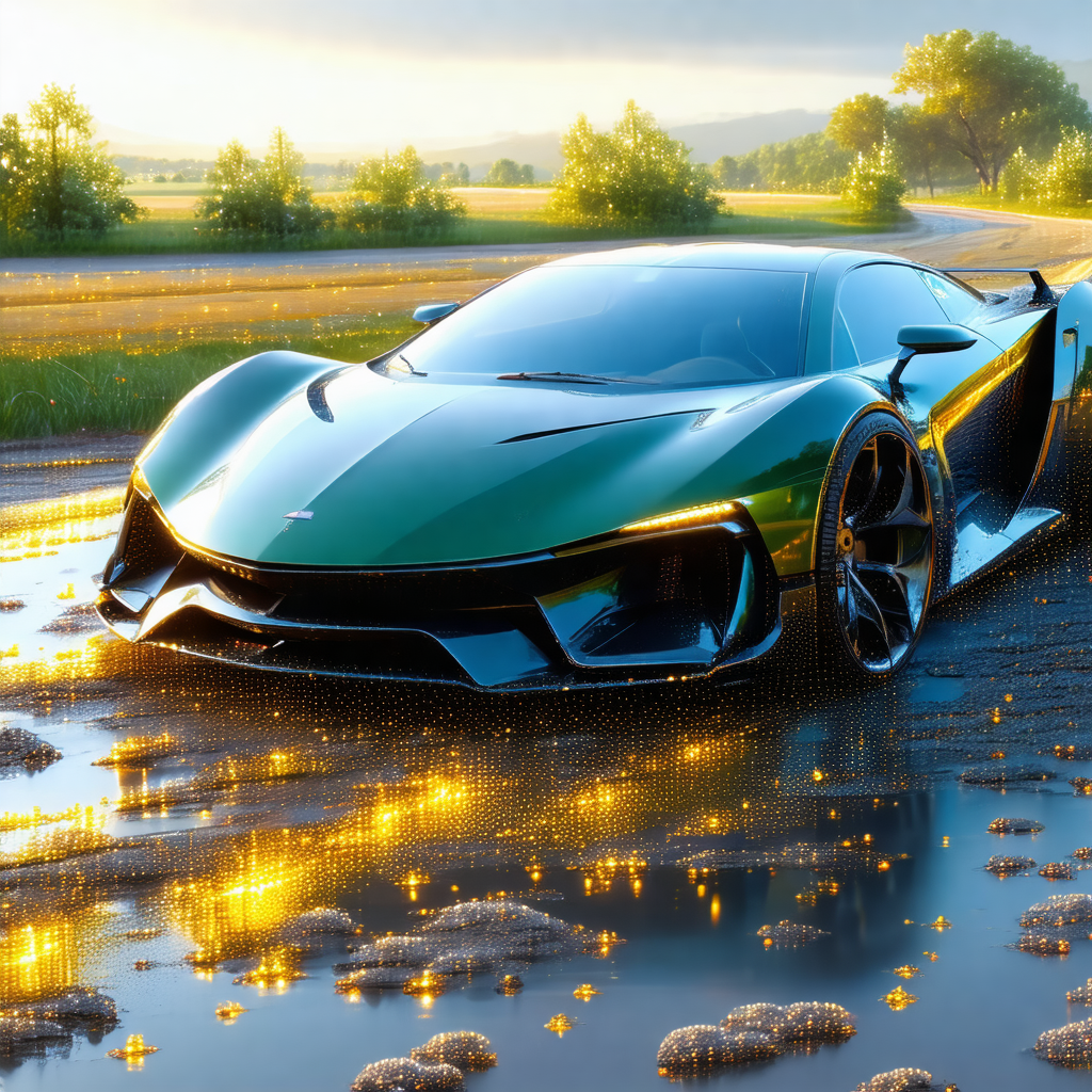 Sleek green sports car driving down a wet road