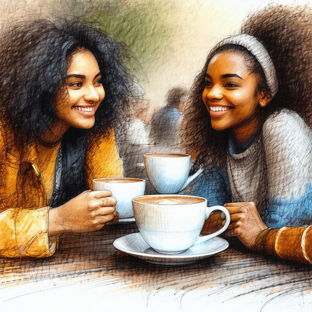 Two women sitting at a table, enjoying a cup of coffee to...