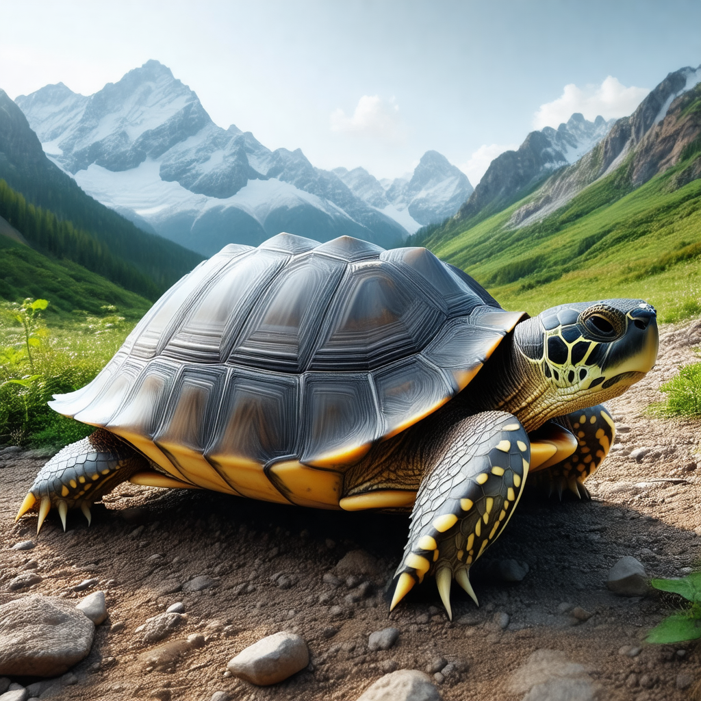 Large turtle walking on a dirt path in a mountainous area