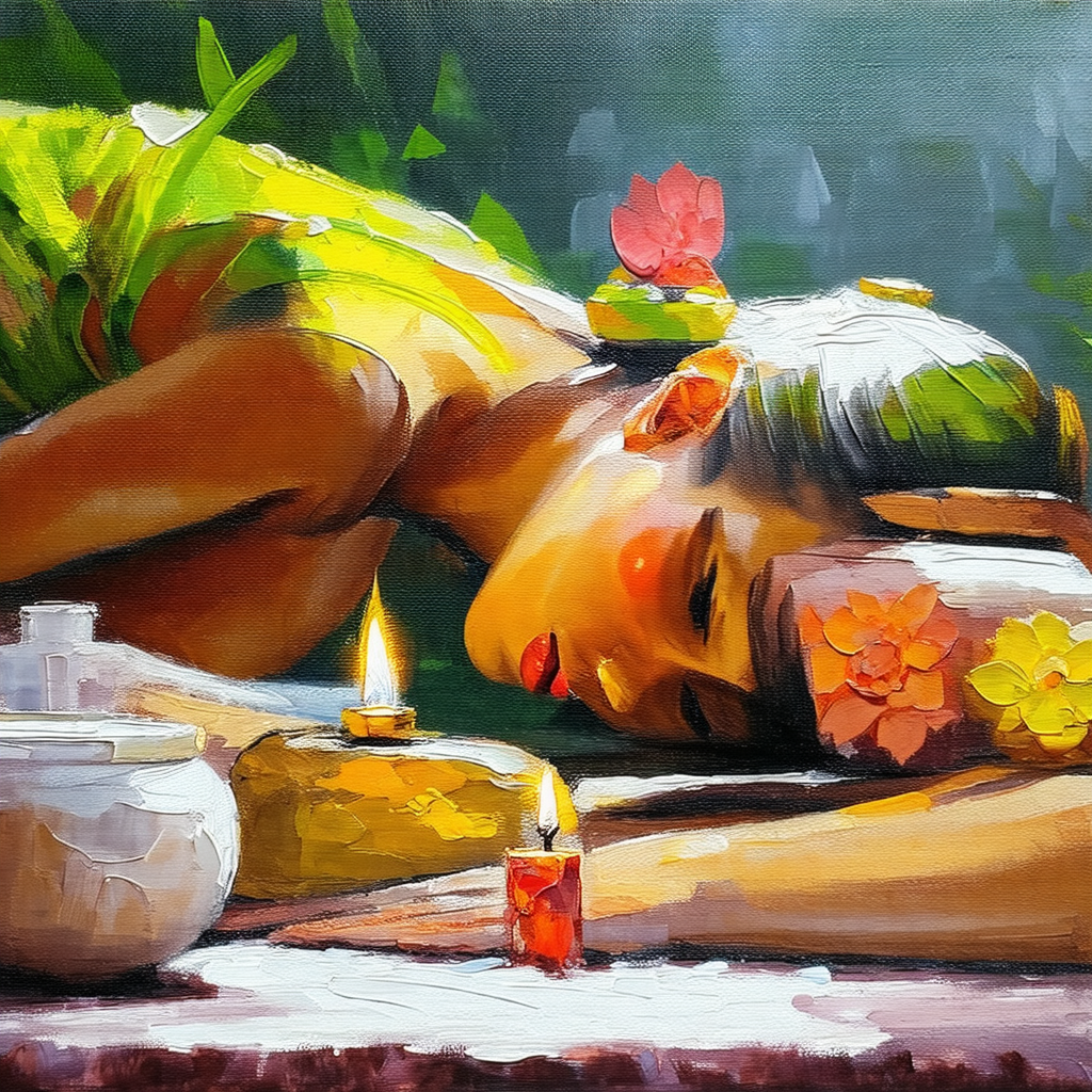 Woman lying down on a bed, with a lit candle placed on a ...