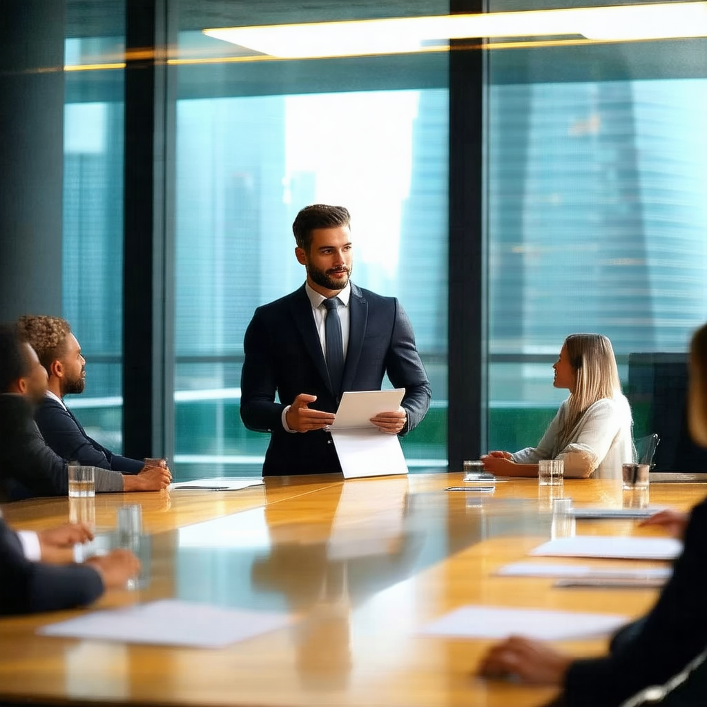 Man in a suit standing at a conference table, holding a p...