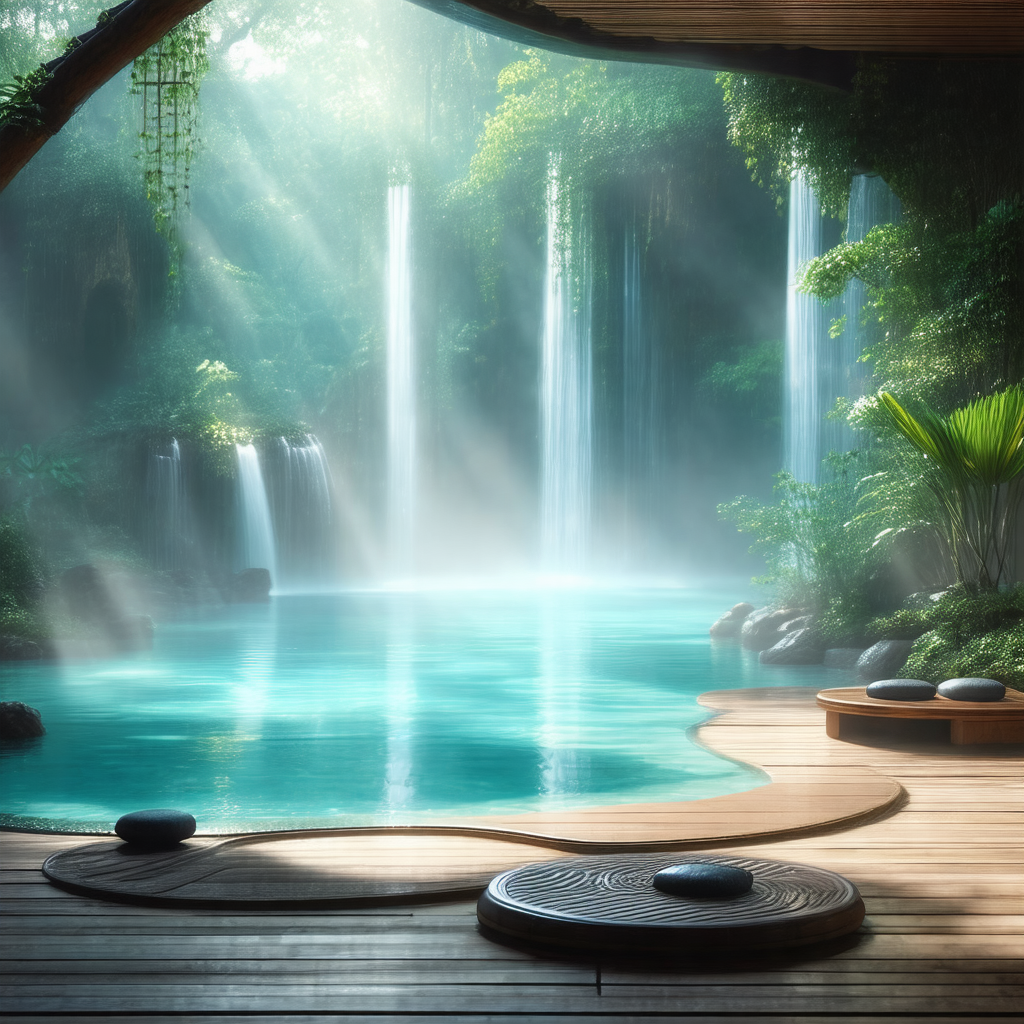 Serene scene of a large swimming pool surrounded by lush ...